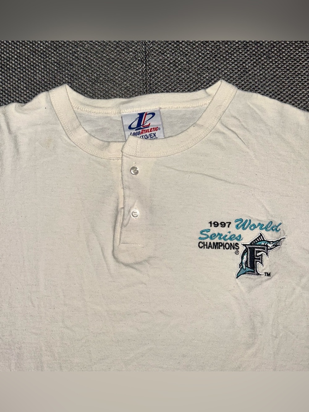 90s Florida Marlins White Henley Tee with Teal & Black 1997 World Series Logo